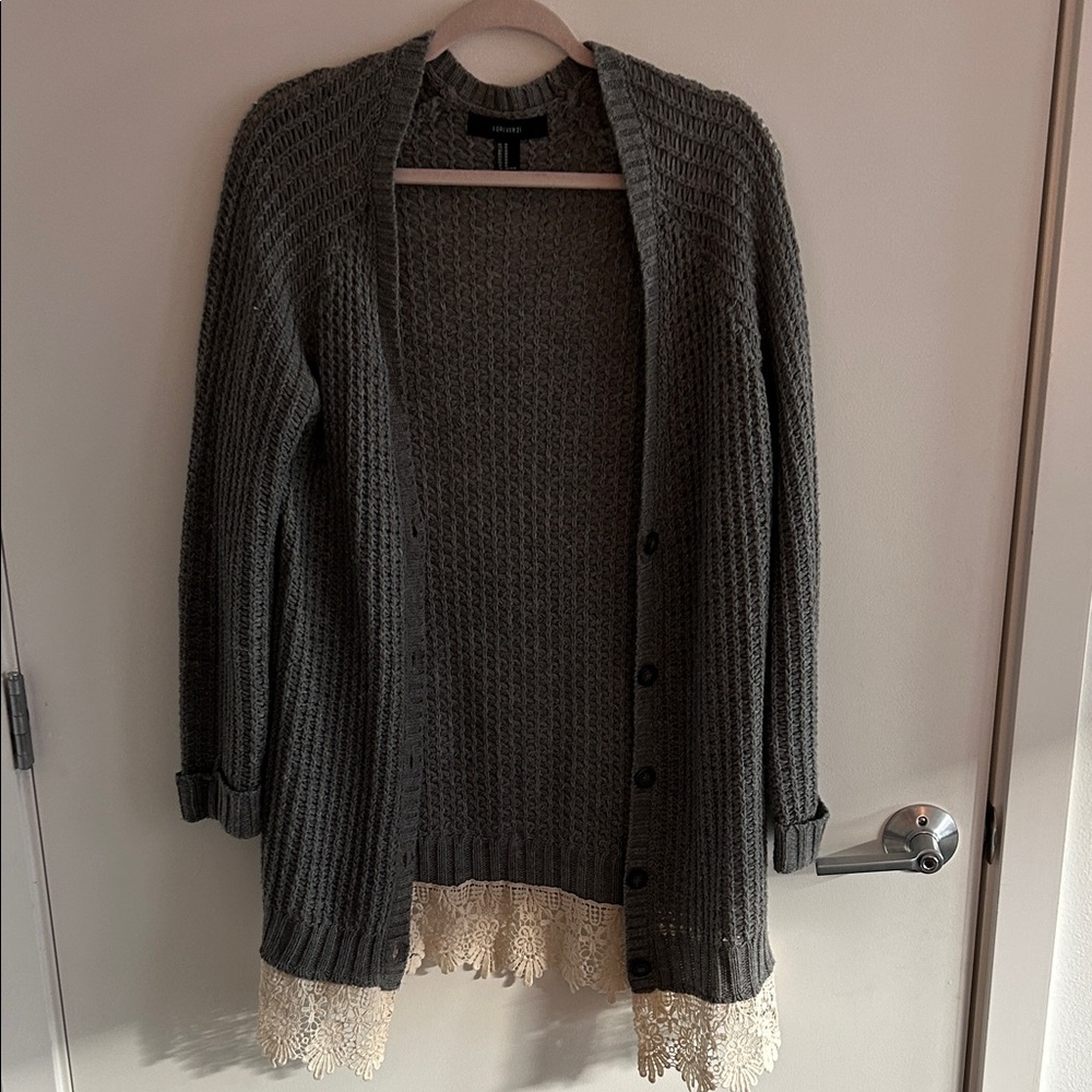Gray Cardigan Sweater with Lace Trim